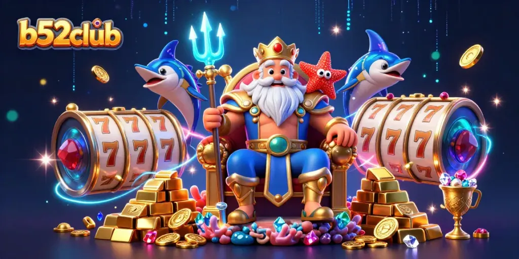 B52club offers winning strategies in a vibrant casino scene with Neptune and treasure elements