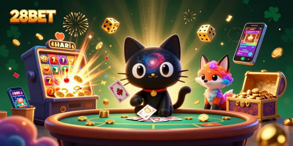 28BET showcases an imaginative casino scene with a playful black hole cat and fox character, emphasizing exciting gaming experiences.