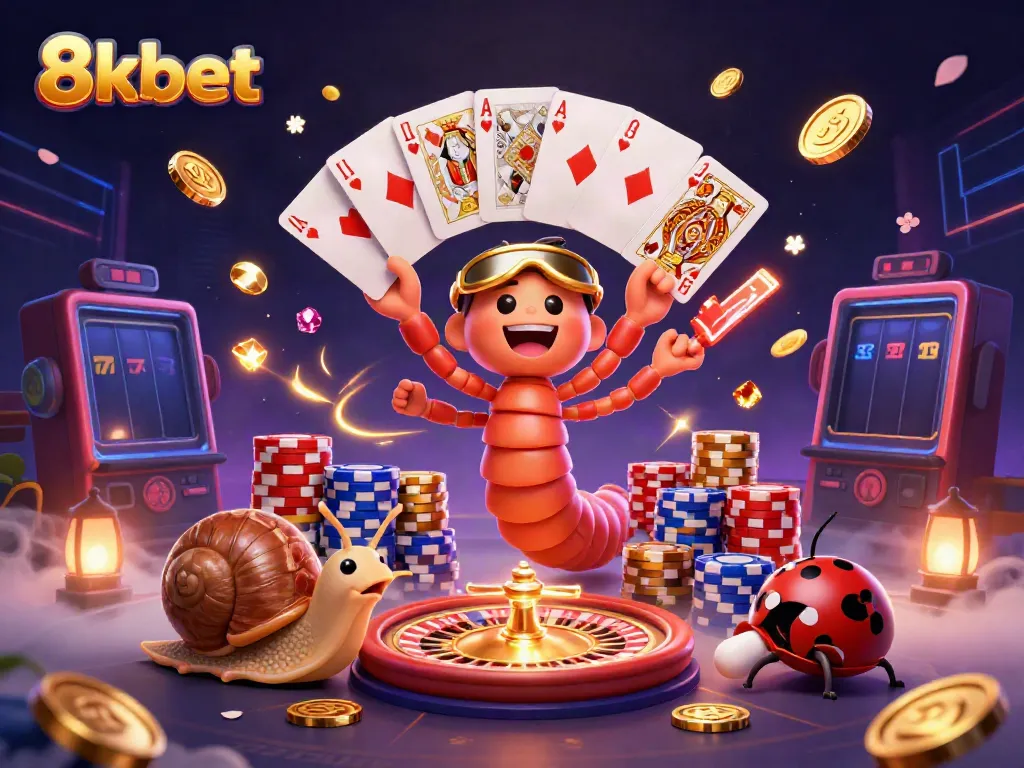 Play games at 8kbet, featuring a cartoon millipede dealer surrounded by gold coins and poker chips.