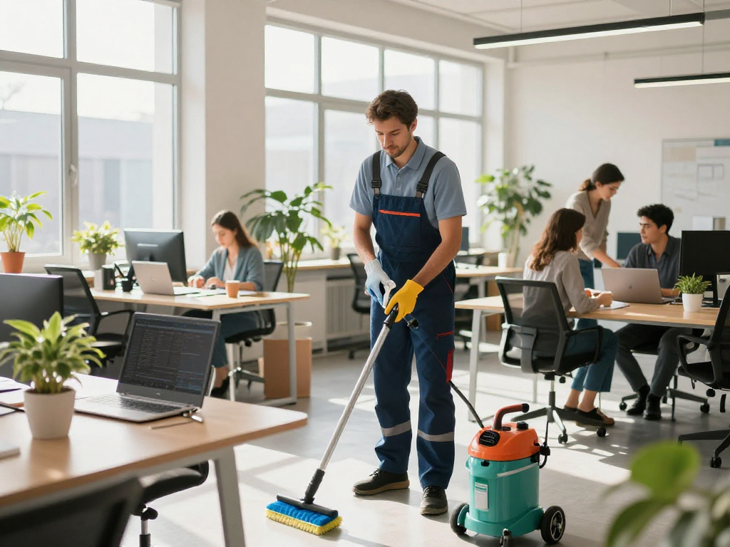 Büroreinigung Göttingen: Professioneller Reinigungskraft putzt modernes Büro mit Luminosität und Professionalität.
