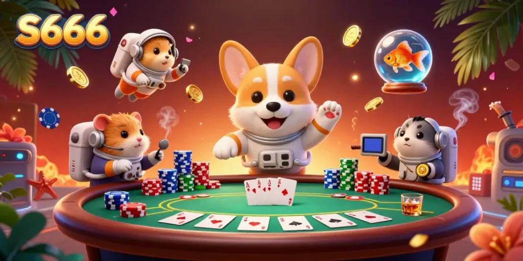 Experience thrilling gaming with S666 in a vibrant casino atmosphere featuring a playful astronaut corgi.