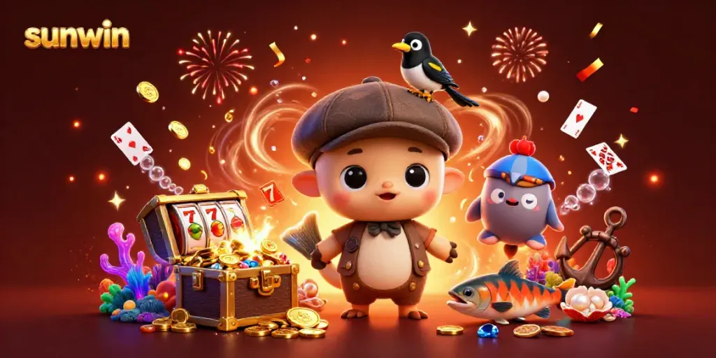 Play and win with sunwin in this vibrant 3D scene of fun casino elements and characters