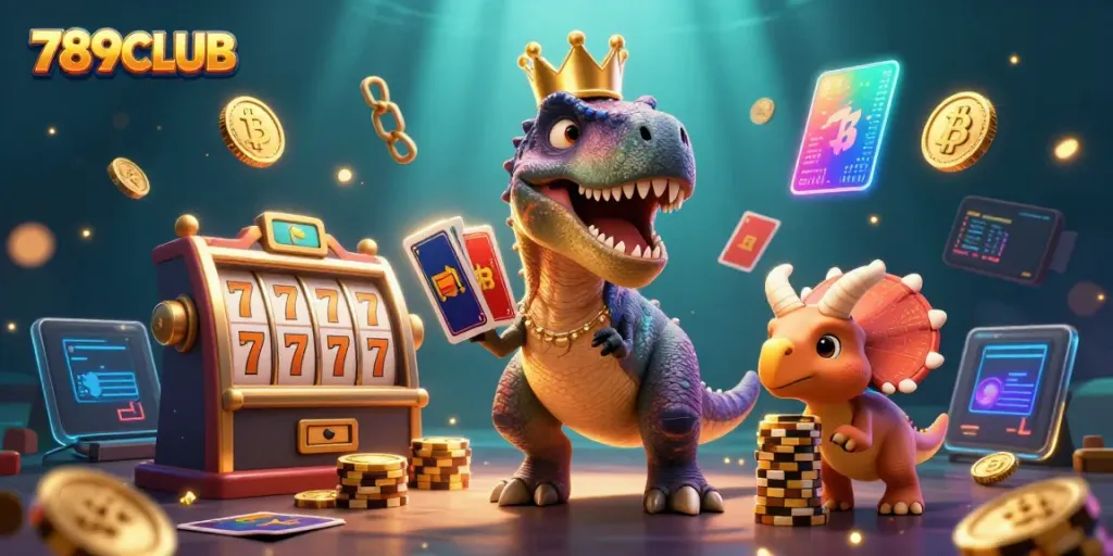 Engage with 789CLUB illustrated scene showing a T-Rex shuffling cards and stacking chips amidst joyous gaming elements.