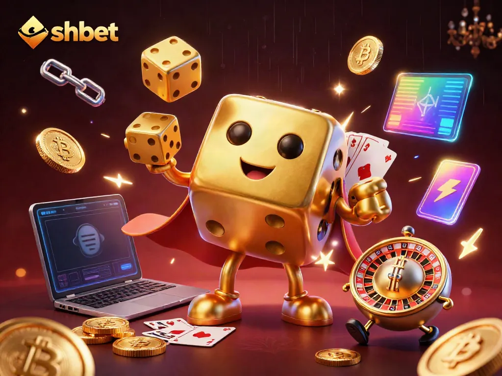 Experience thrilling shbet gaming with a golden dice golem juggling excitement in a vibrant casino scene