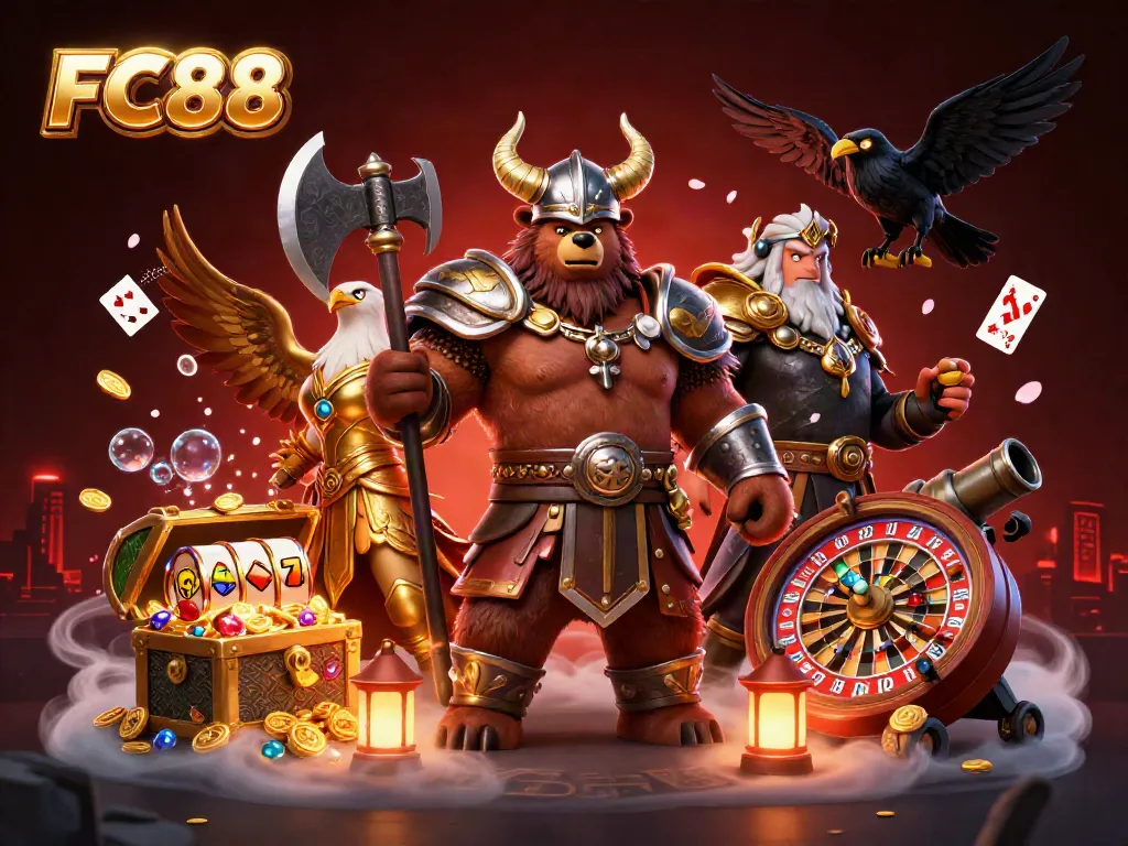 Experience excitement with FC88's immersive casino adventures featuring golden treasures and slot elements.