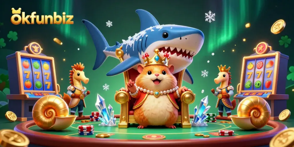 Engage with the vibrant world of okfunbiz, where a golden hamster king rules over a casino of slot machines and treasures.