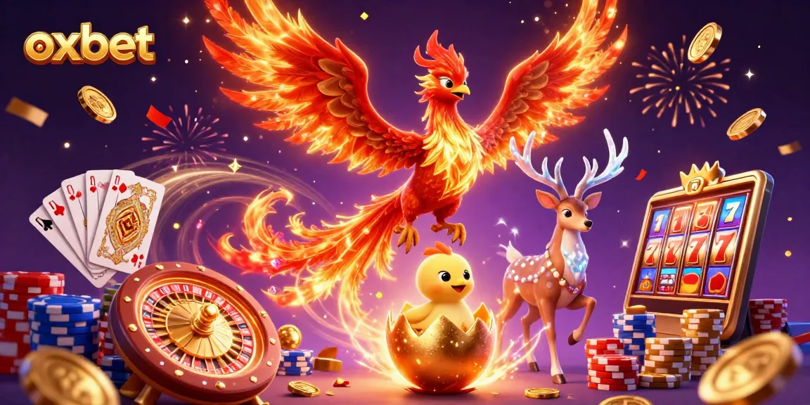 Experience the excitement at oxbet with vibrant 3D illustrations of gaming elements and characters.