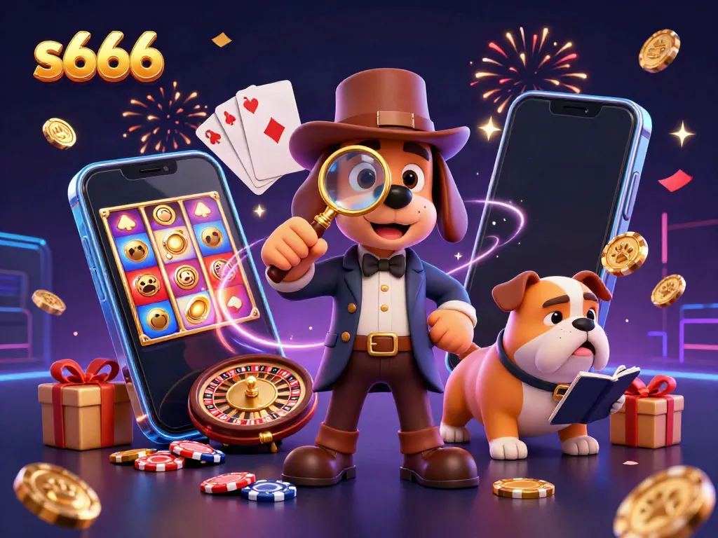Experience the thrilling action of s666 with a detective and his bulldog companion uncovering poker chip clues in a vibrant casino scene.