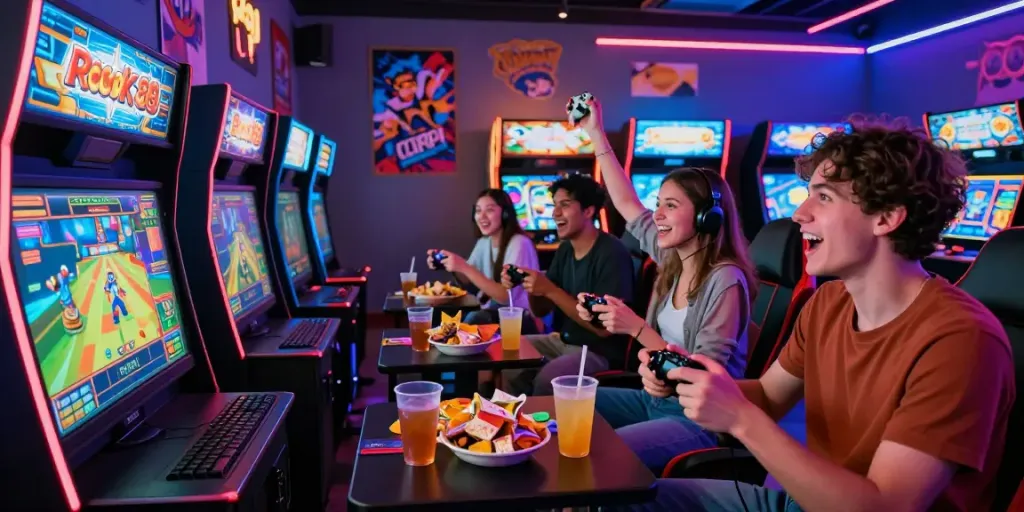 Excited friends playing rokok88 slot game in vibrant arcade atmosphere with neon lights.