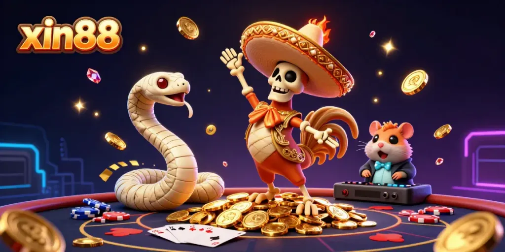 Spin to win at xin88 with a vibrant scene of a dancing mariachi rooster among golden coins and poker elements.