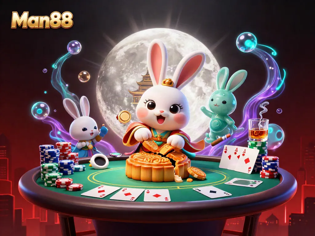 Play exciting games at Man88 with a unique moon-themed casino illustration featuring poker elements.