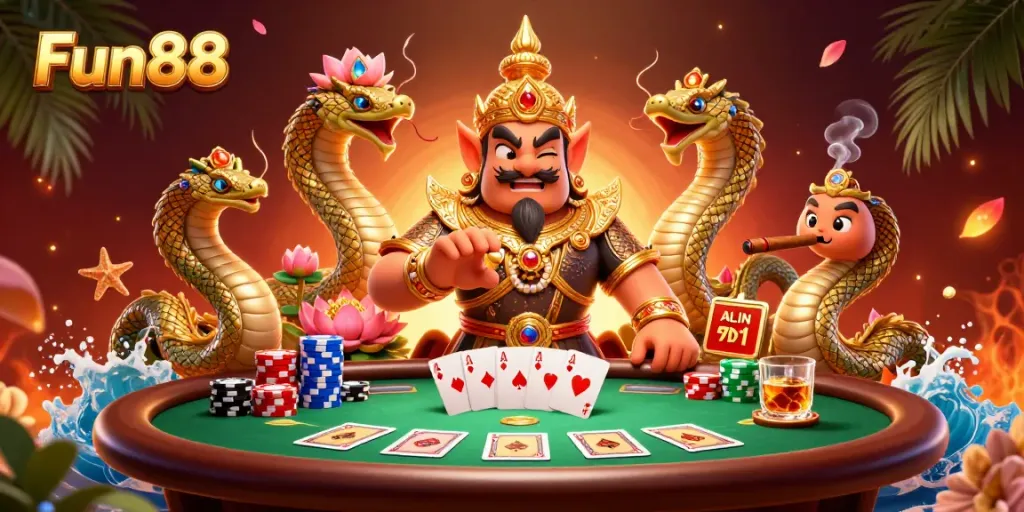 Experience thrilling fun at Fun88 with unique 3D characters around a poker table packed with excitement.