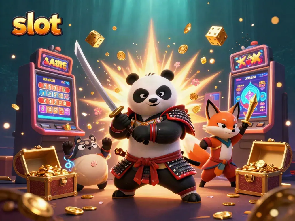 Experience thrilling slot gameplay with a vibrant 3D cartoon scene featuring samurai panda and ninja fox.