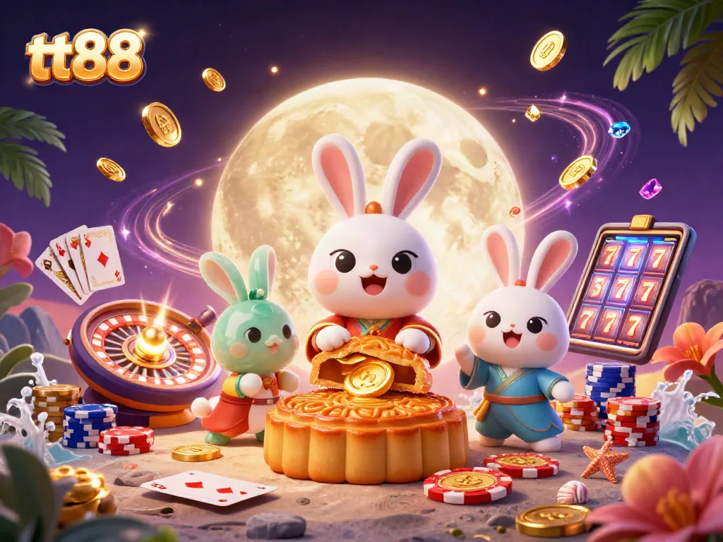 Win big with tt88 at a vibrant casino, featuring majestic moon rabbits and spinning roulette wheels.
