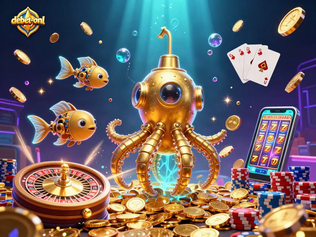 Experience vibrant gameplay at debet-onl with a dynamic scene of golden kraken and rich casino elements.