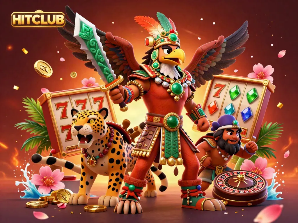 Engage in HITCLUB slot games amidst a vibrant, dynamic 3D illustration featuring Aztec warrior elements.