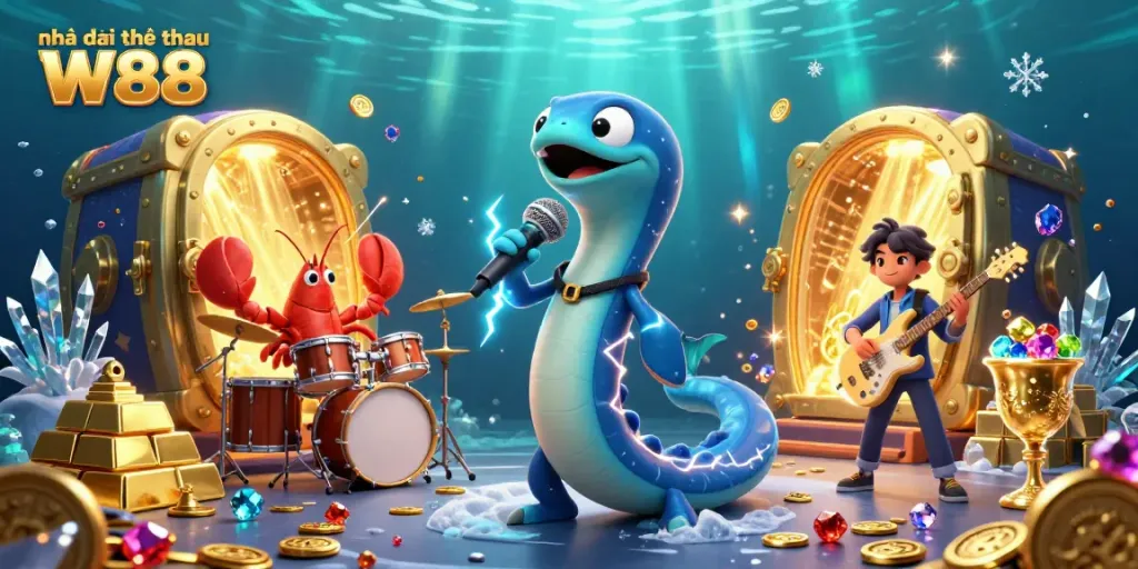 Immerse in excitement at Nhà cái thể thao W88, where an electric eel DJ performs undersea, surrounded by treasures and vibrant casino elements.