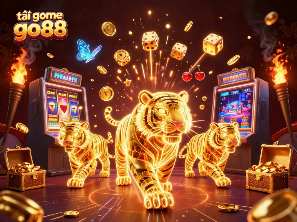 Experience the excitement and thrill as you tải game go88 with vibrant neon visuals and dynamic gaming elements bursting from a digital casino.