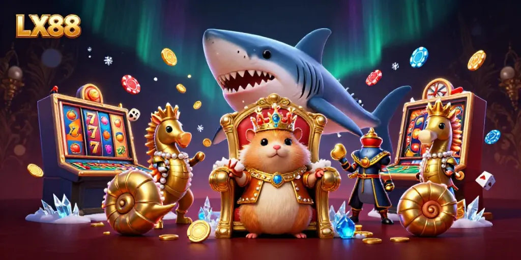 Enjoy thrilling gameplay at LX88 with a golden hamster king ruling over vibrant slot machines and casino elements.