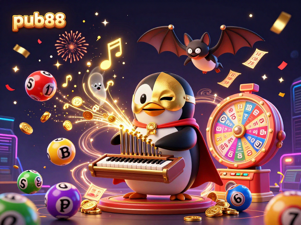 Experience the excitement of gaming with pub88 featuring a vibrant scene of a penguin playing a golden organ surrounded by festive lottery elements.
