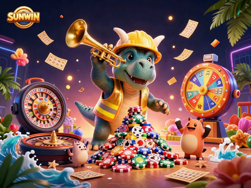 SUNWIN enhances gaming excitement with a lively scene featuring cartoon characters and casino elements celebrating together.