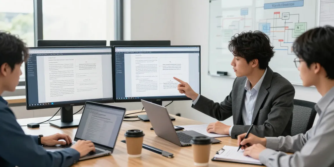 Team analyzing digital documents for document fraud detection in a modern office.