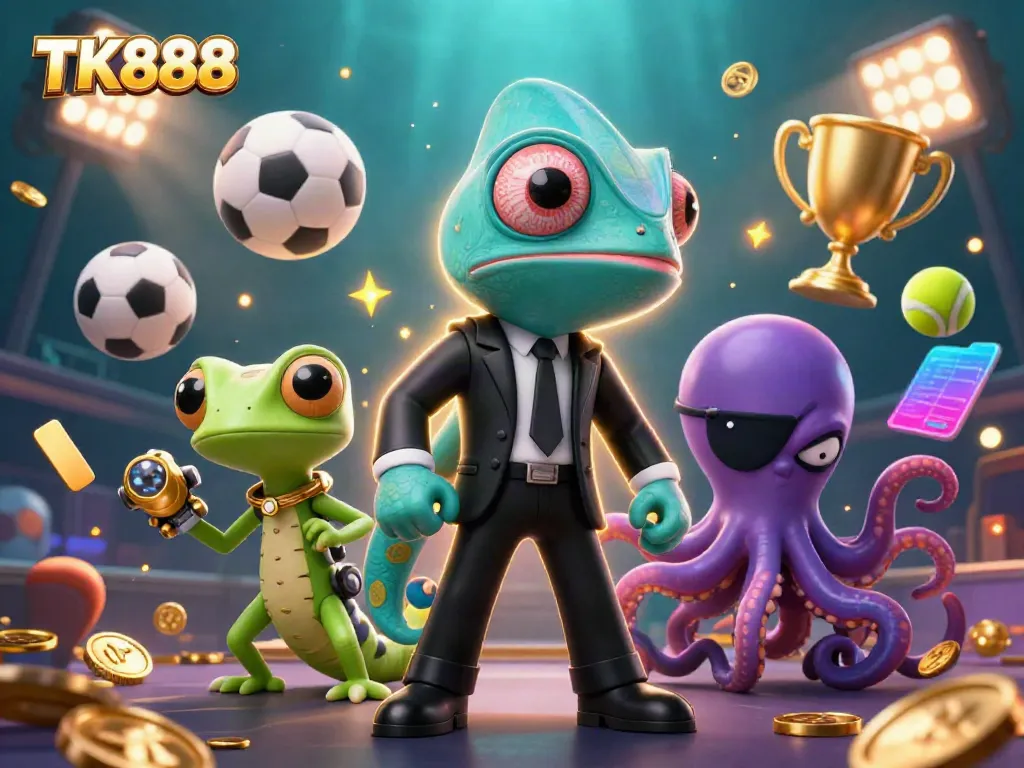 Engaging illustration showcasing TK888 with a secret agent chameleon, tech-savvy gecko, and villainous octopus, all amid a dynamic casino atmosphere.