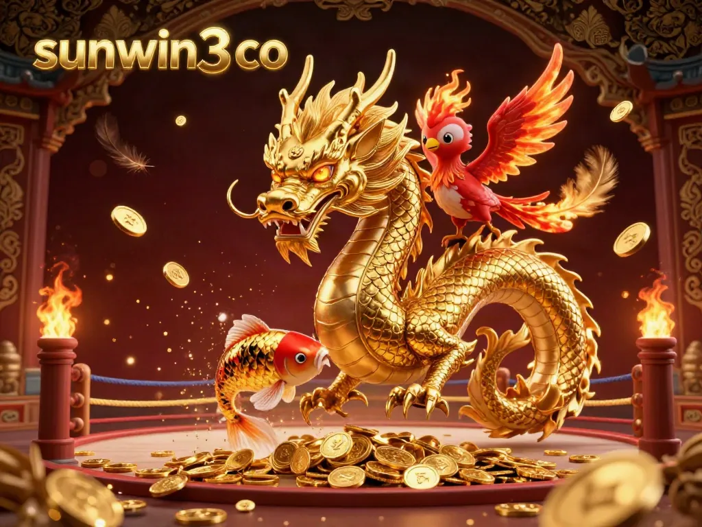 Experience thrilling gameplay with sunwin3 co, as a dragon and phoenix soar amidst coins and casino elements.