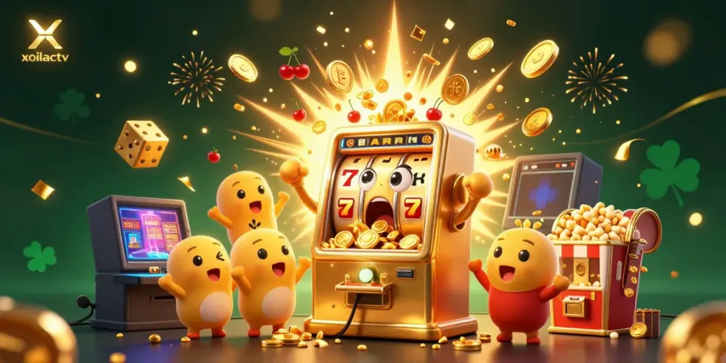 Experience a lively scene at xoilactv with a golden slot machine celebrating its jackpot amidst cheering miniature machines, surrounded by casino-themed elements.