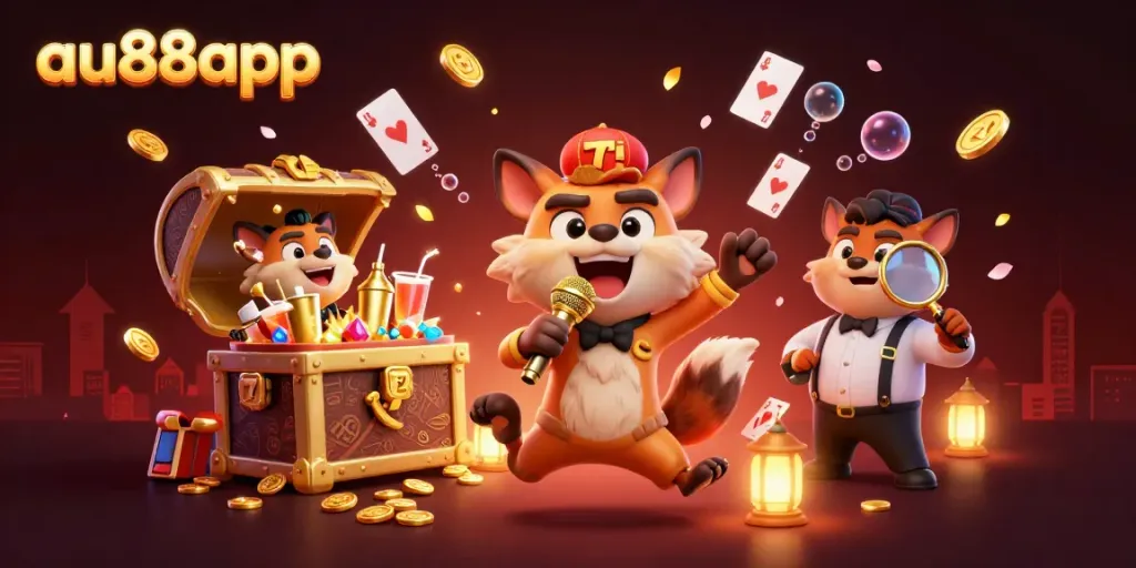 Hyenas perform comedy at au88app casino, enriched with gold coins and vibrant atmosphere.