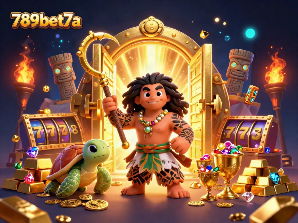 Experience exciting slots at 789bet7a with a vibrant scene featuring demigods and treasures.