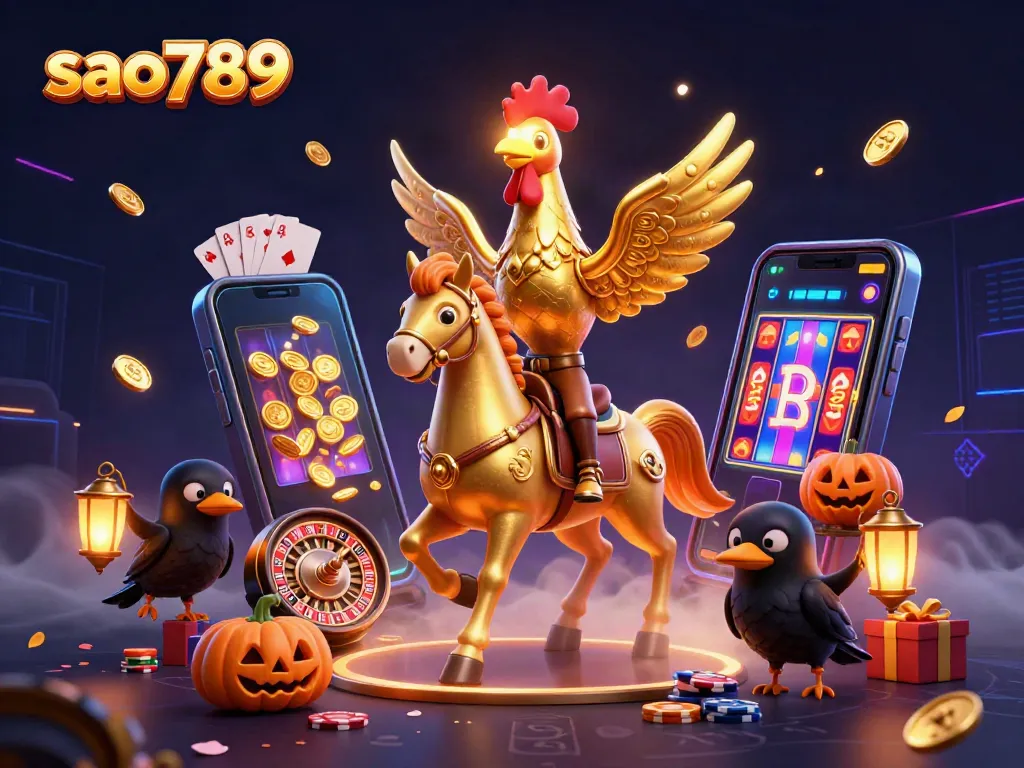 Sao789's vibrant gaming scene featuring a golden rooster and crow companions in a lively casino atmosphere.