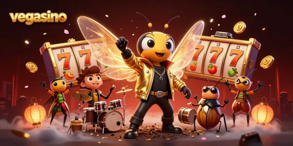 Experience the excitement at vegasino with our vibrant cartoon casino scene featuring slot reels and celebrating characters.