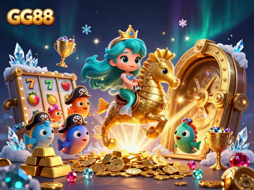 Experience GG88 thrilling gaming with a vibrant mermaid scene packed with treasure and slots.