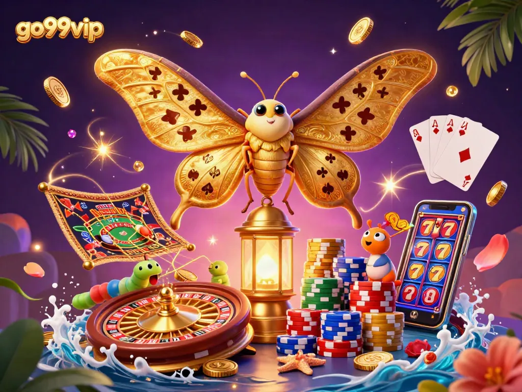 Go99vip showcases a vibrant casino scene featuring a magical atlas moth and glowing elements.