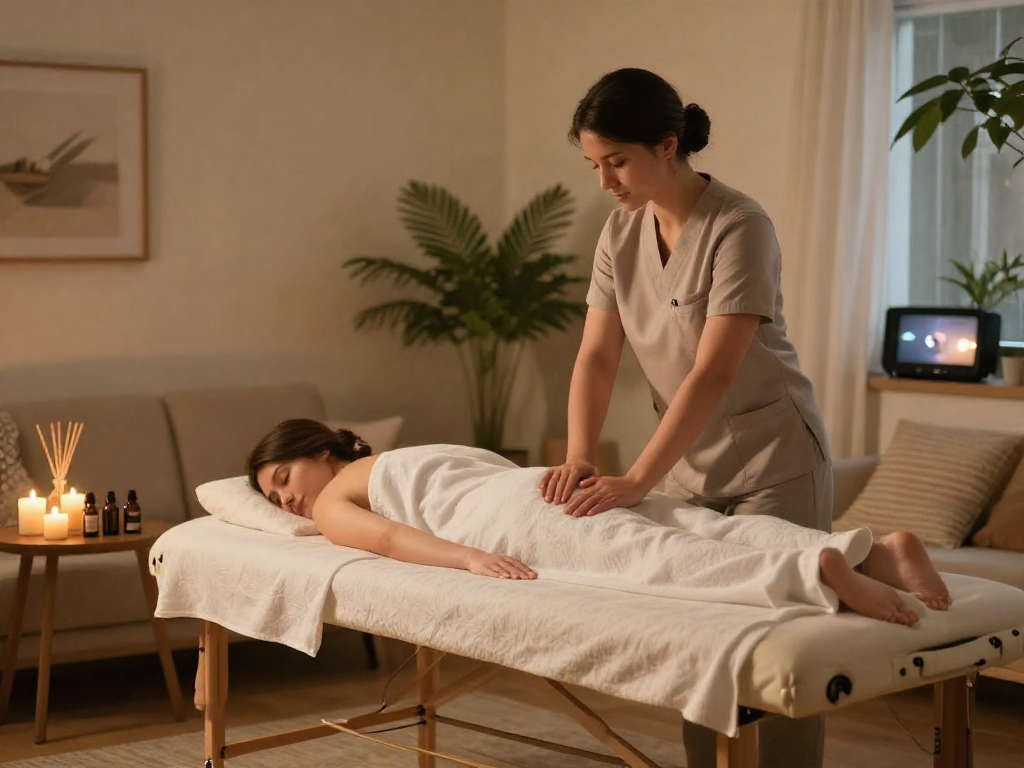 수원출장마사지 setup in a cozy living room, therapist ready with calming ambiance.