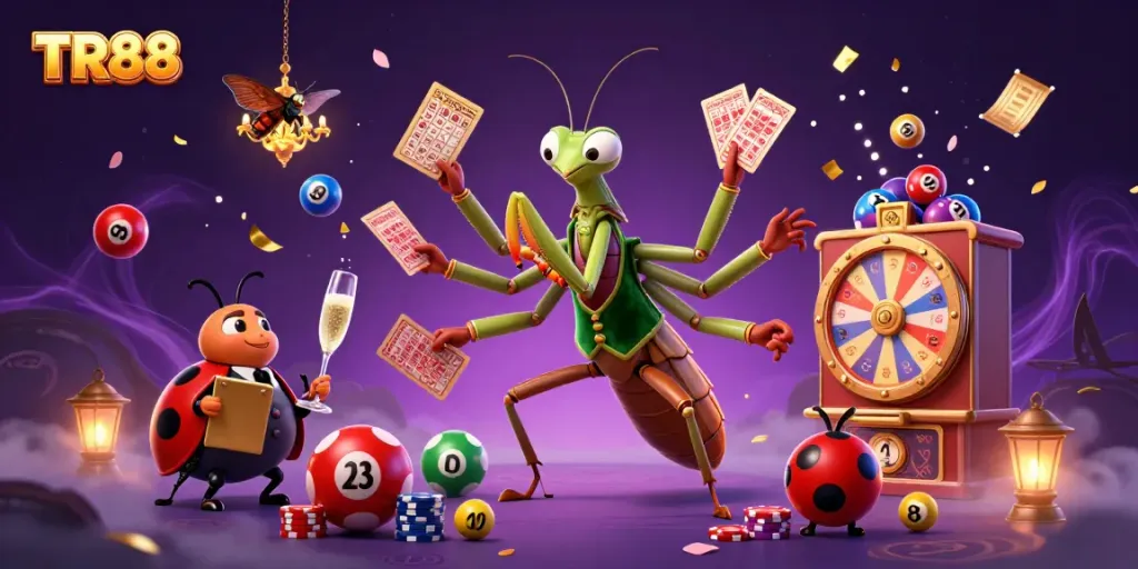 Experience the thrill of TR88 with a giant mantis dealer at a lively casino, surrounded by lottery balls and golden tickets!