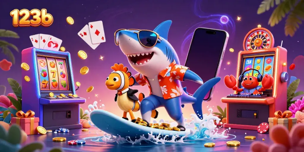 Engage with 123b at a vibrant online casino with a shark and clownfish surfing on gold coins.