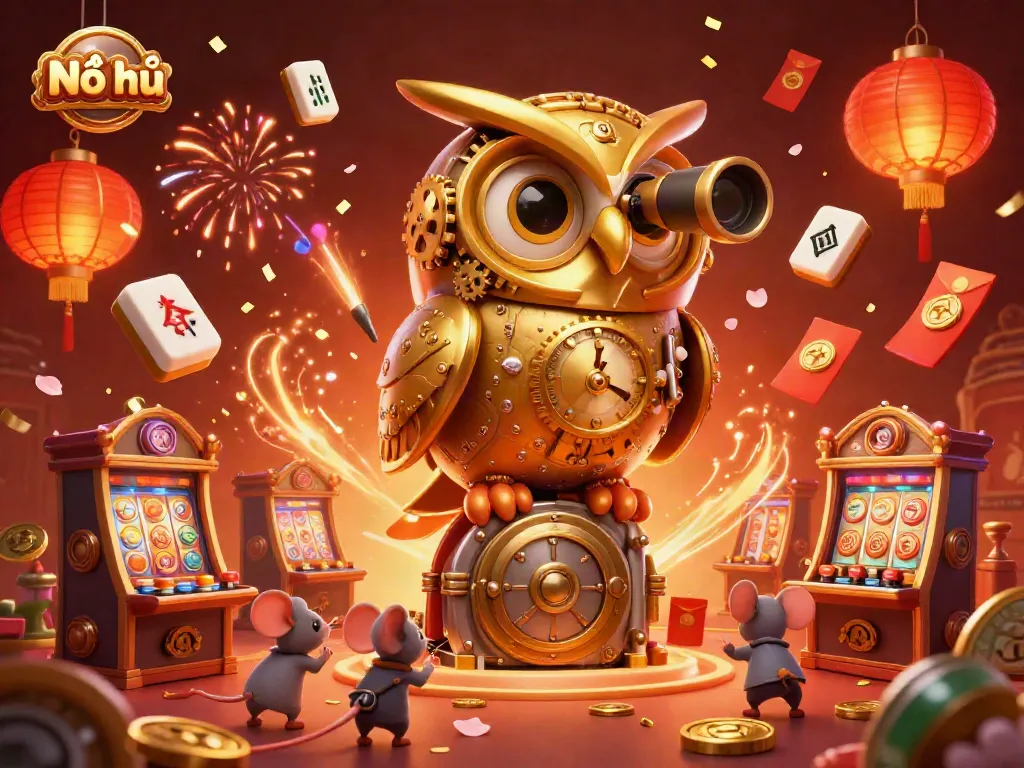 Nổ hũ highlights an engaging casino scene with a golden owl, vibrant slot machines, and festive elements.