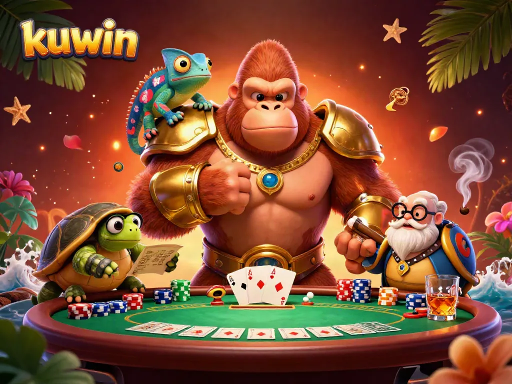Kuwin poker scene featuring a gorilla king, chameleon spy, and tortoise elder surrounded by poker elements.