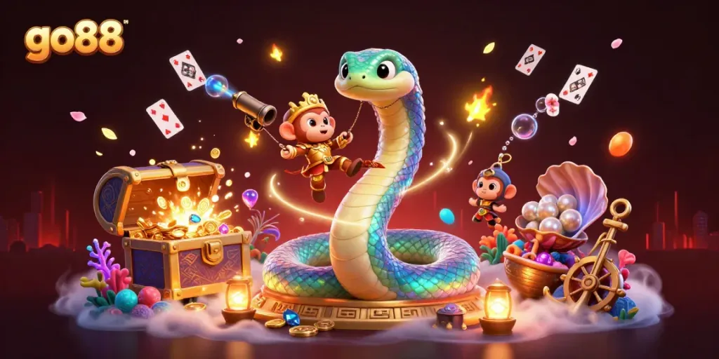 Engage with go88's thrilling gaming experience surrounded by vibrant 3D casino elements and rich treasures.