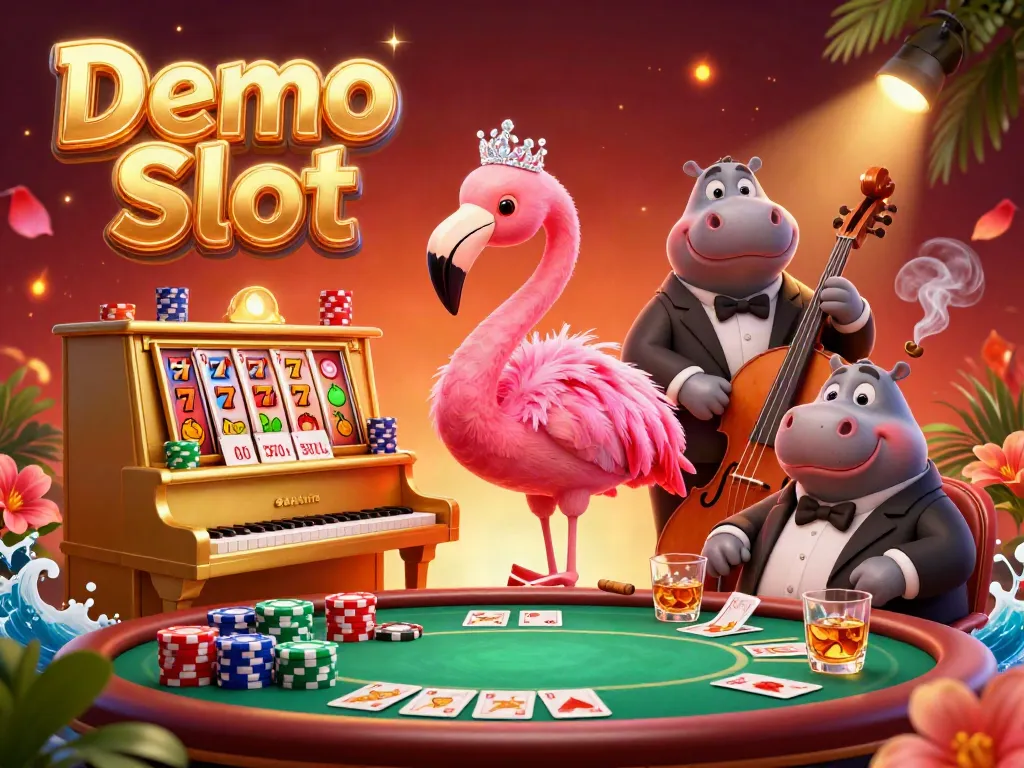 Play Demo Slot with vibrant characters and dynamic game elements in a lively casino setting.