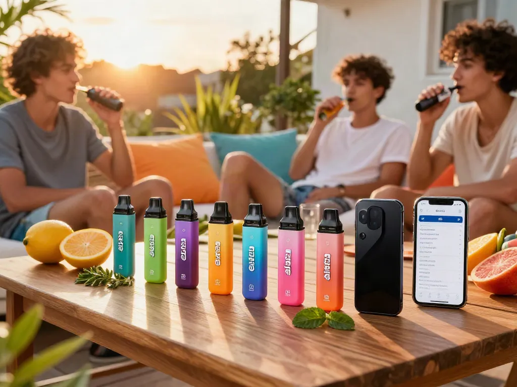 Elfbar pods displayed on a patio table, showcasing vibrant flavors for social vaping.