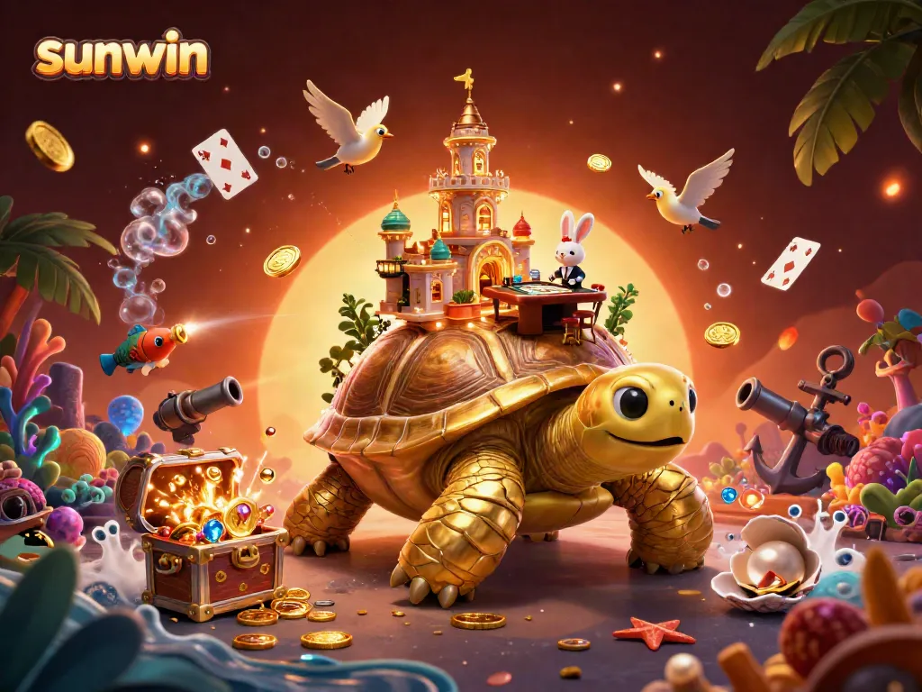 Experience sunwin's exciting casino adventures with vibrant cartoon elements and golden treasures.