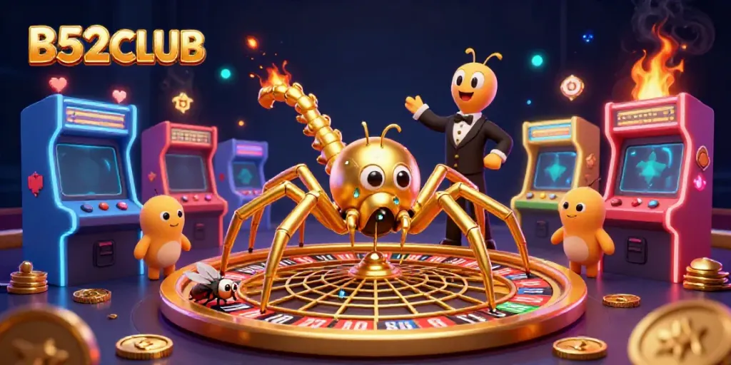 Engage with the excitement of B52CLUB as a golden spider spins a roulette wheel in a vibrant casino.