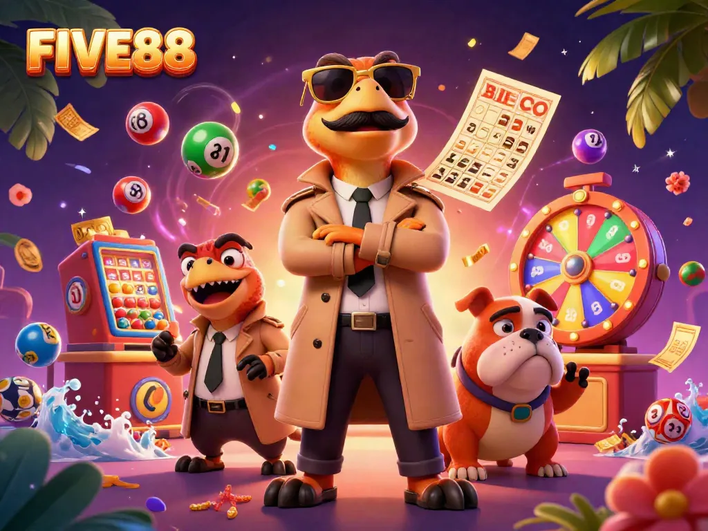 FIVE88 raptors sneak into a VIP casino lounge surrounded by colorful lottery balls and gaming thrill.