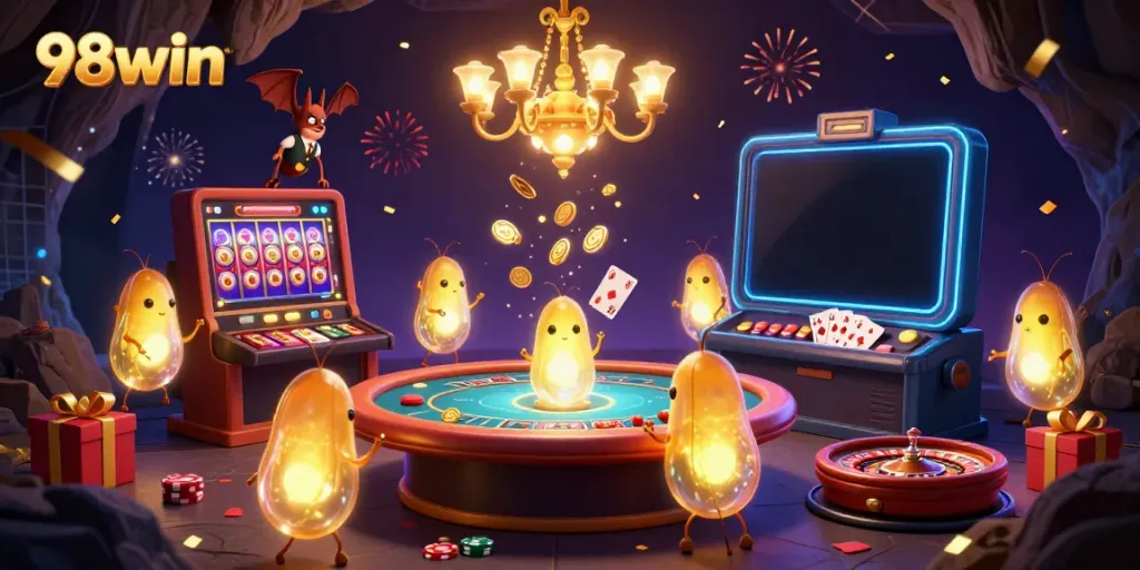Experience excitement at the 98win cave casino with glowing elements and vibrant gambling action.