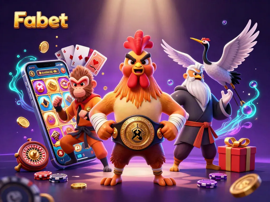 Fabet showcases a dynamic scene of a Muay Thai rooster, Shaolin monkey, and crane master with casino games surrounding them.