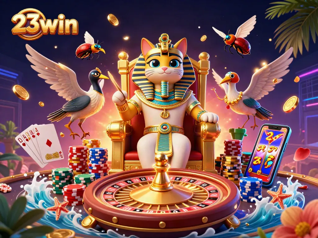 Experience the excitement of 23win with a vibrant 3D illustration showcasing casino elements and characters.