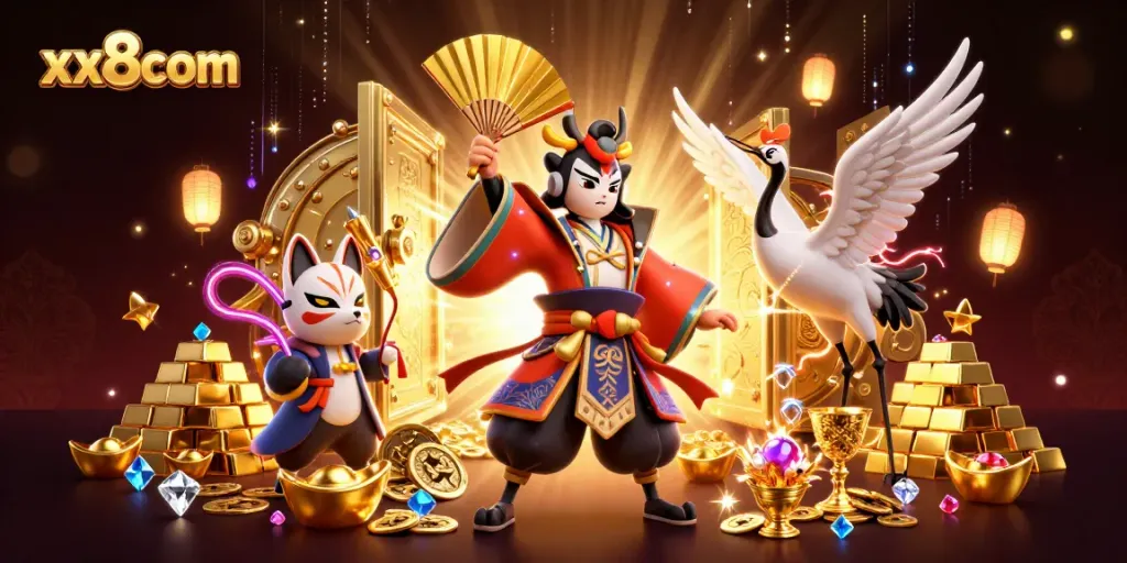 Experience winning strategies at xx8com with vibrant 3D casino action featuring kabuki warrior.